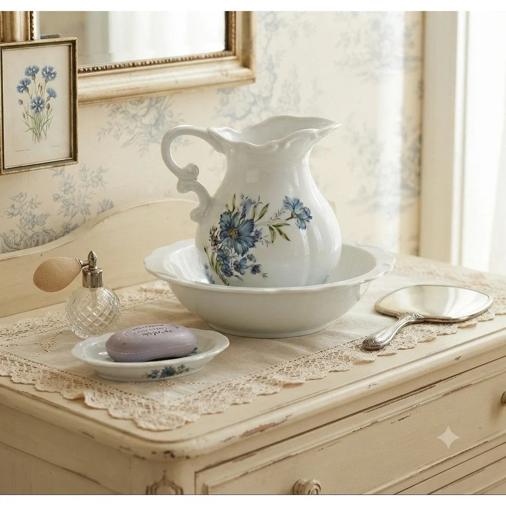 Inarco Japan Blue Floral Pitcher & Bowl Set Vintage Porcelain E-4542 White Blue